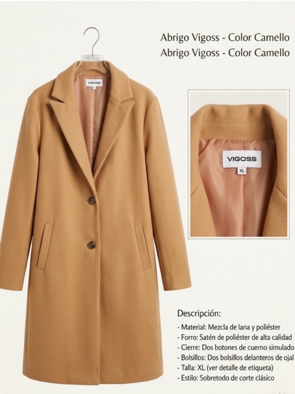 NWOT VIGOSS Camel Classic Overcoat XS